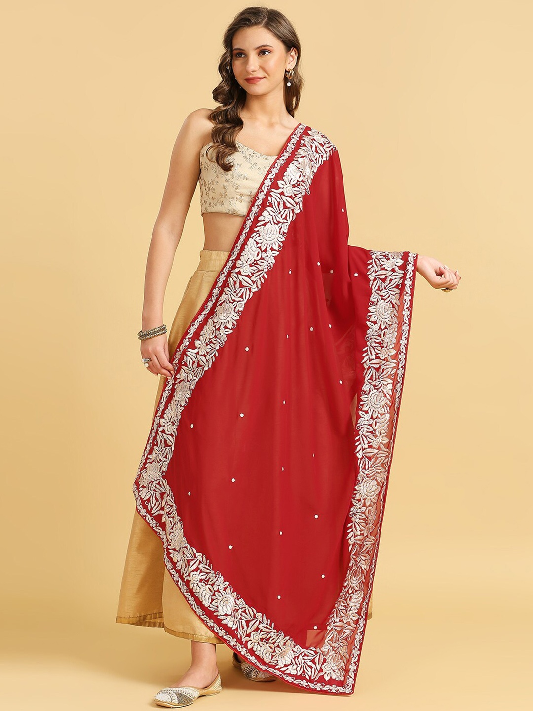 

Dupatta Bazaar Embroidered Thread Work Dupatta, Red