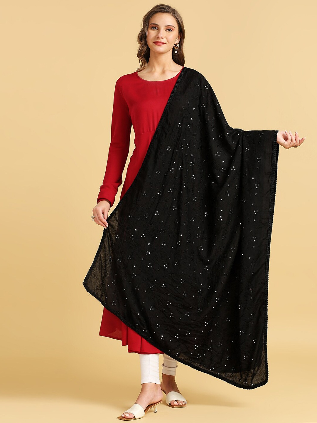 

Dupatta Bazaar Floral Embroidered Mirror Work Pure Cotton Dupatta, Black