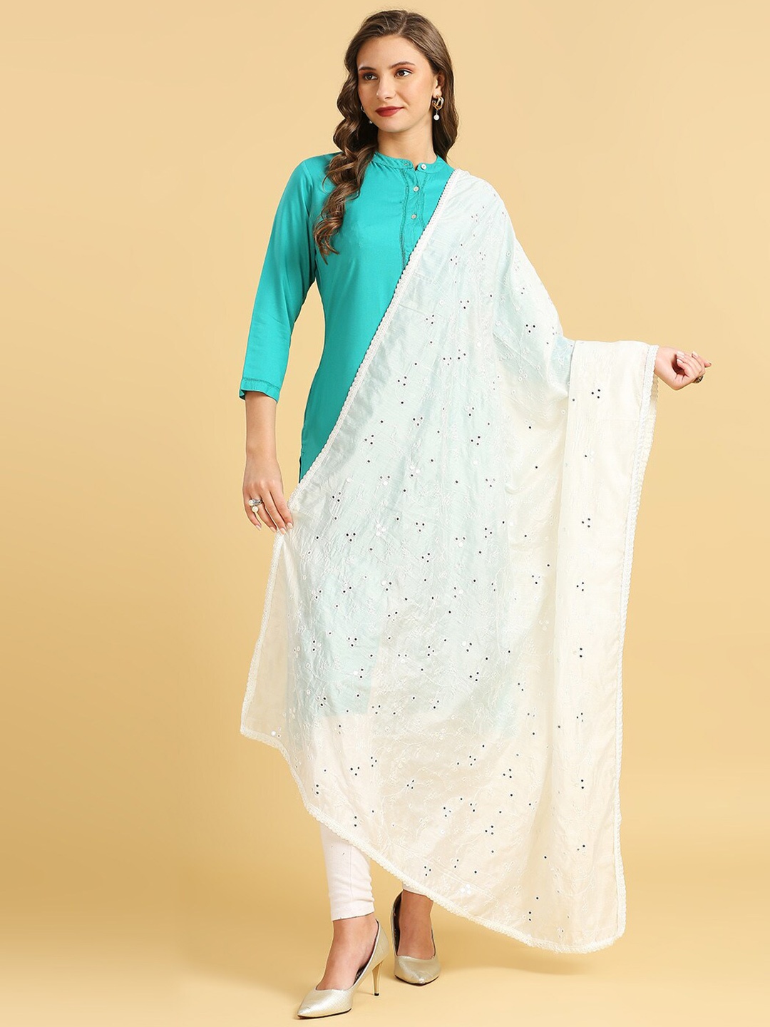 

Dupatta Bazaar Floral Embroidered Pure Cotton Dupatta With Mirror Work, White