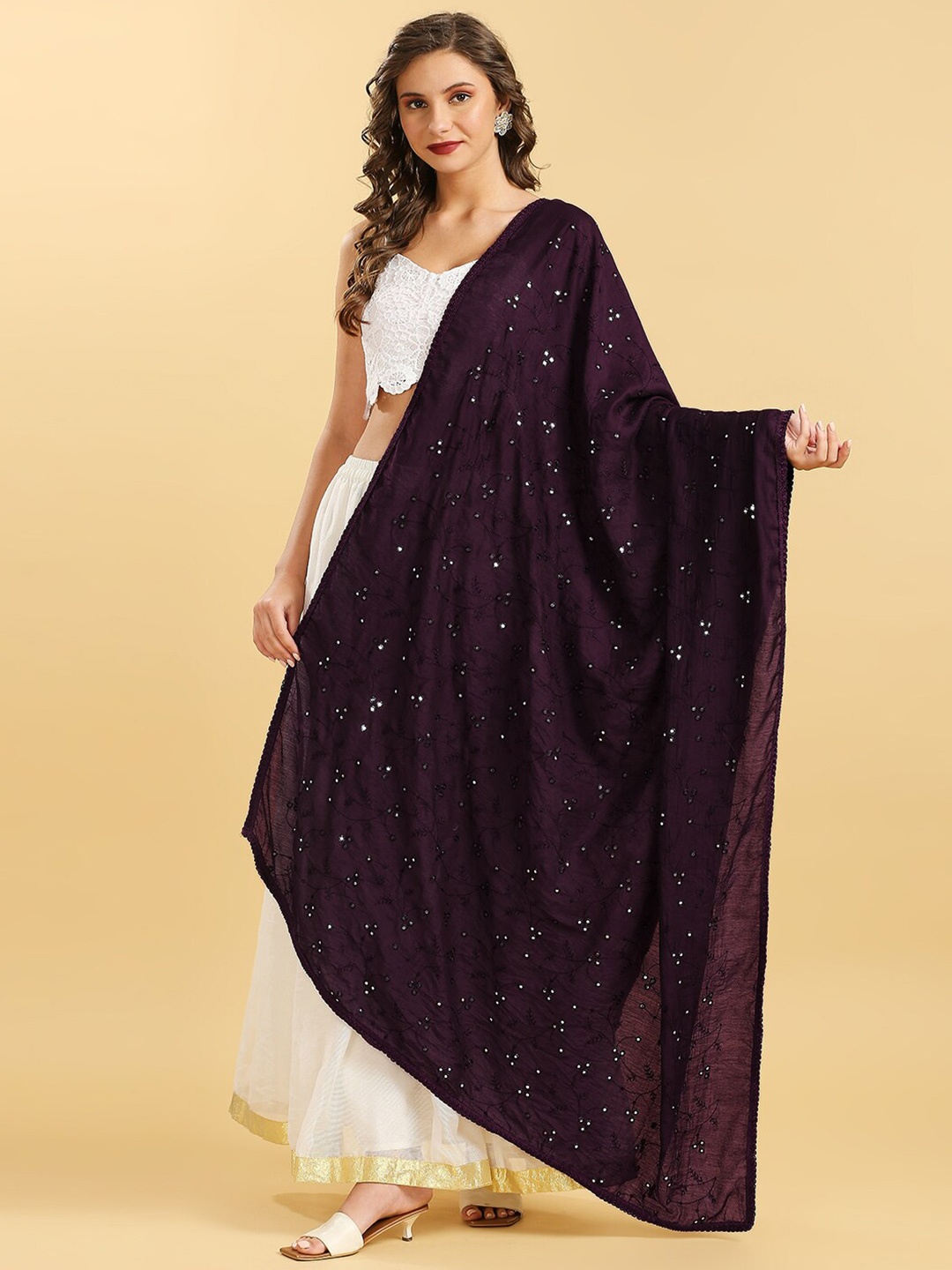 

Dupatta Bazaar Embroidered Pure Cotton Dupatta with Mirror Work, Burgundy