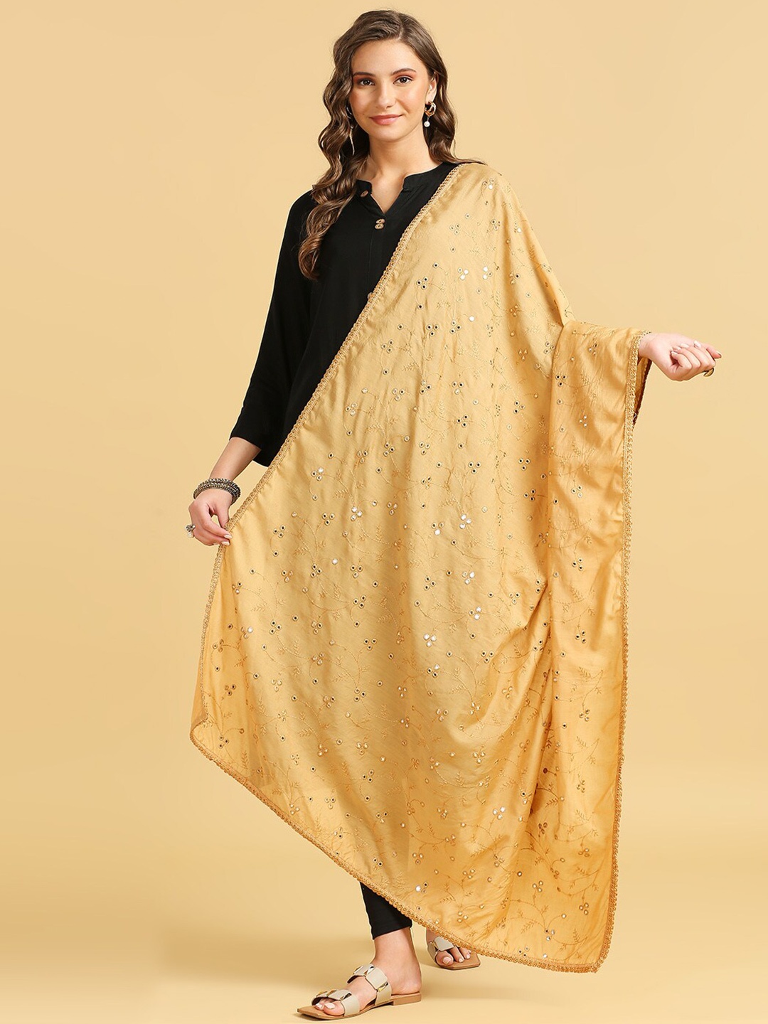 Dupatta Bazaar Floral Embroidered Pure Cotton Dupatta With Mirror Work, Beige