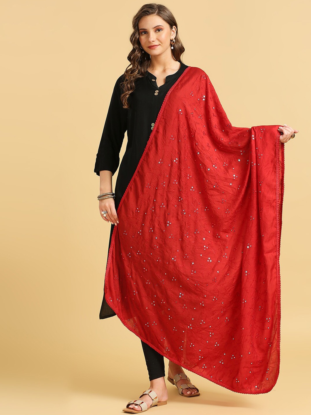 Dupatta Bazaar Floral Embroidered Mirror Work Pure Cotton Dupatta, Red