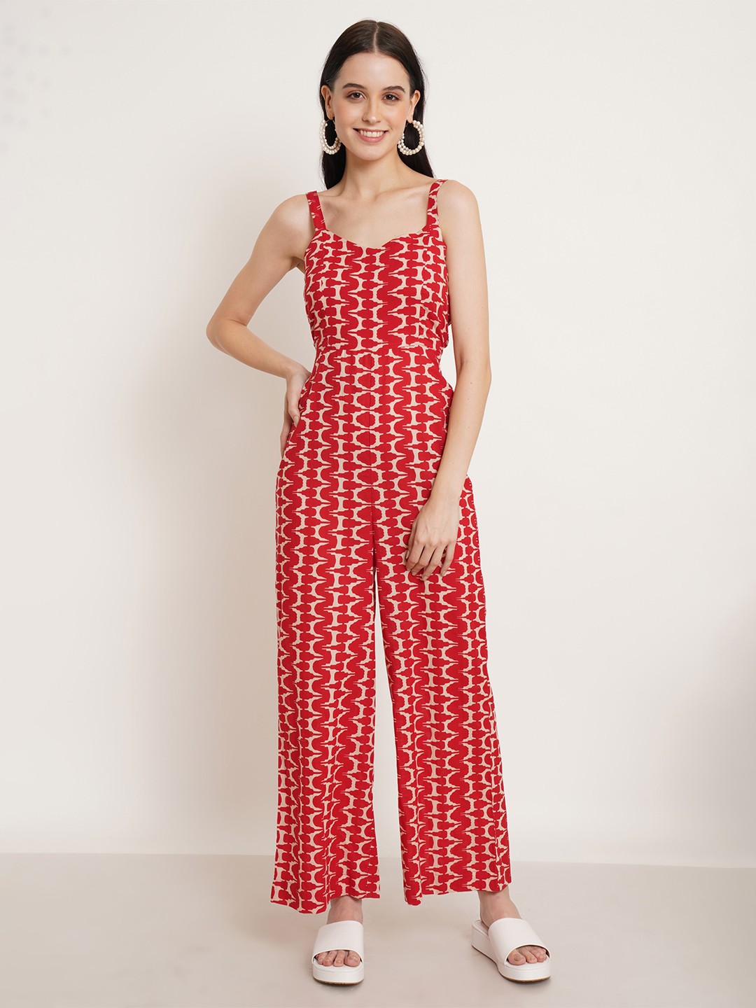 

COTLAND FASHION Absatrct Printed Shoulder Straps Cotton Basic Jumpsuit, Red