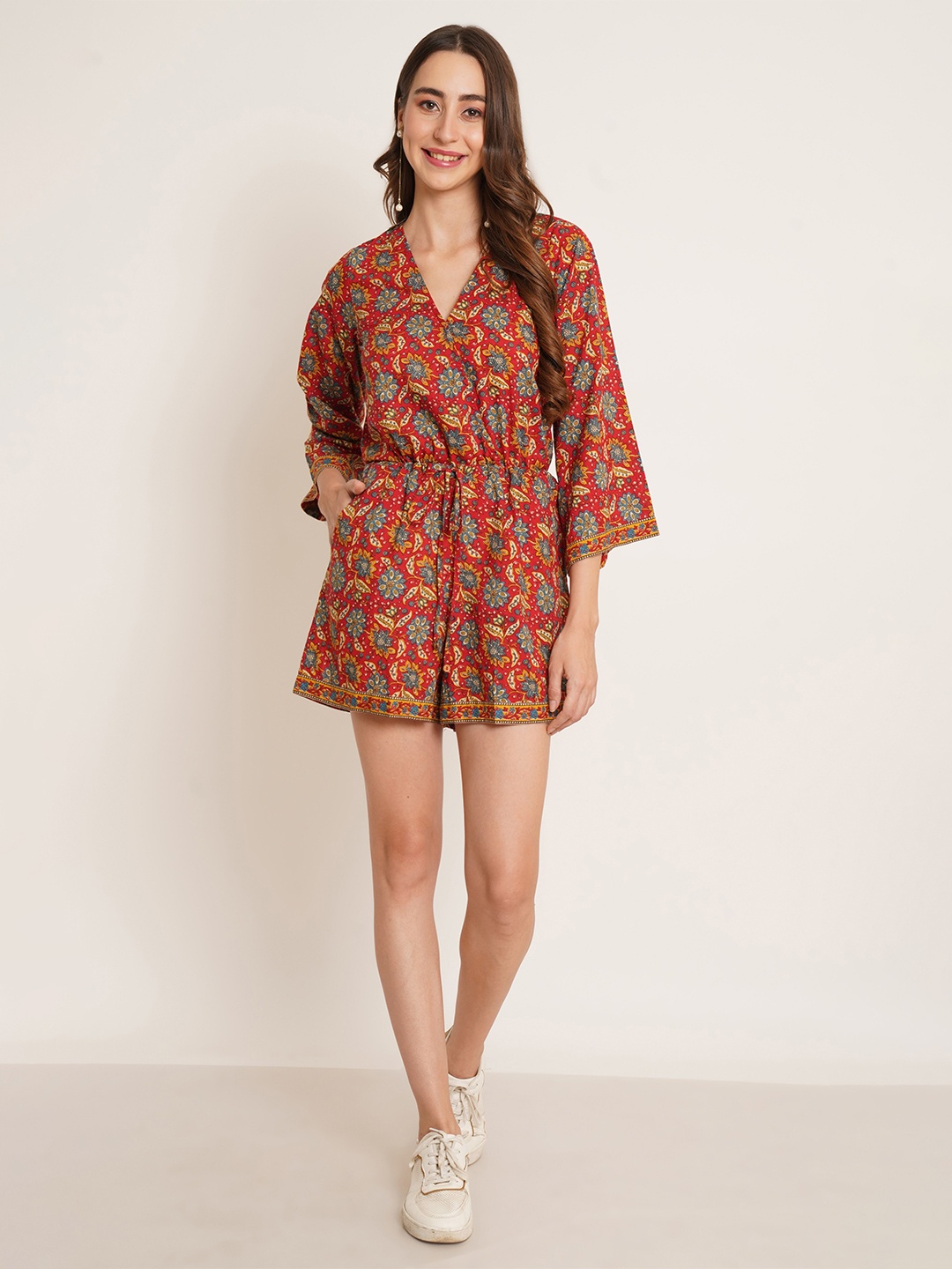 

COTLAND FASHION Ethnic Motifs Printed Waist Tie Ups Playsuit, Red