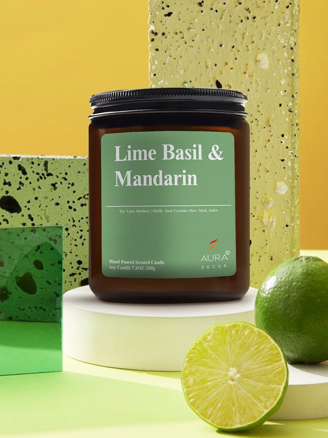 

AuraDecor Amber Brown Lime Basil & Mandarin Solid Scented Soy Wax Jar Candle