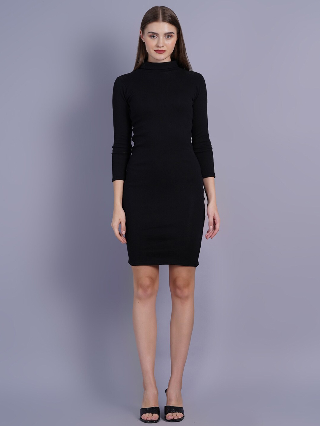 

SIGHTBOMB Ribbed High Neck Cotton Bodycon Dress, Black