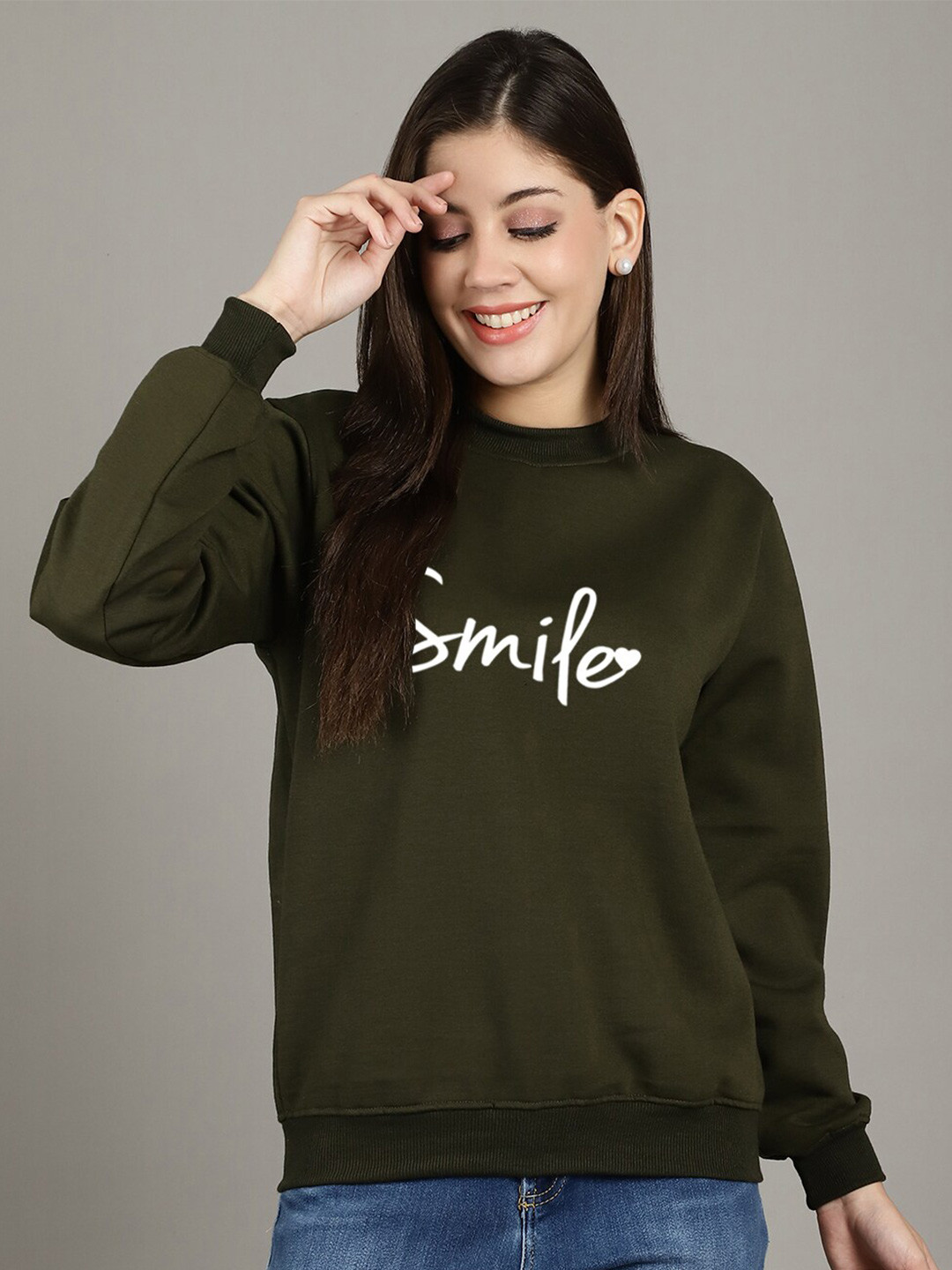

GRACIT Typography Printed Fleece Pullover Sweatshirt, Green