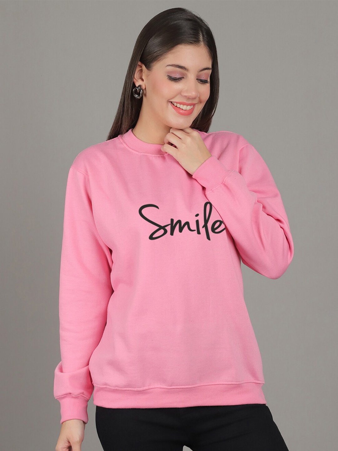 

GRACIT Typography Printed Fleece Pullover Sweatshirt, Pink