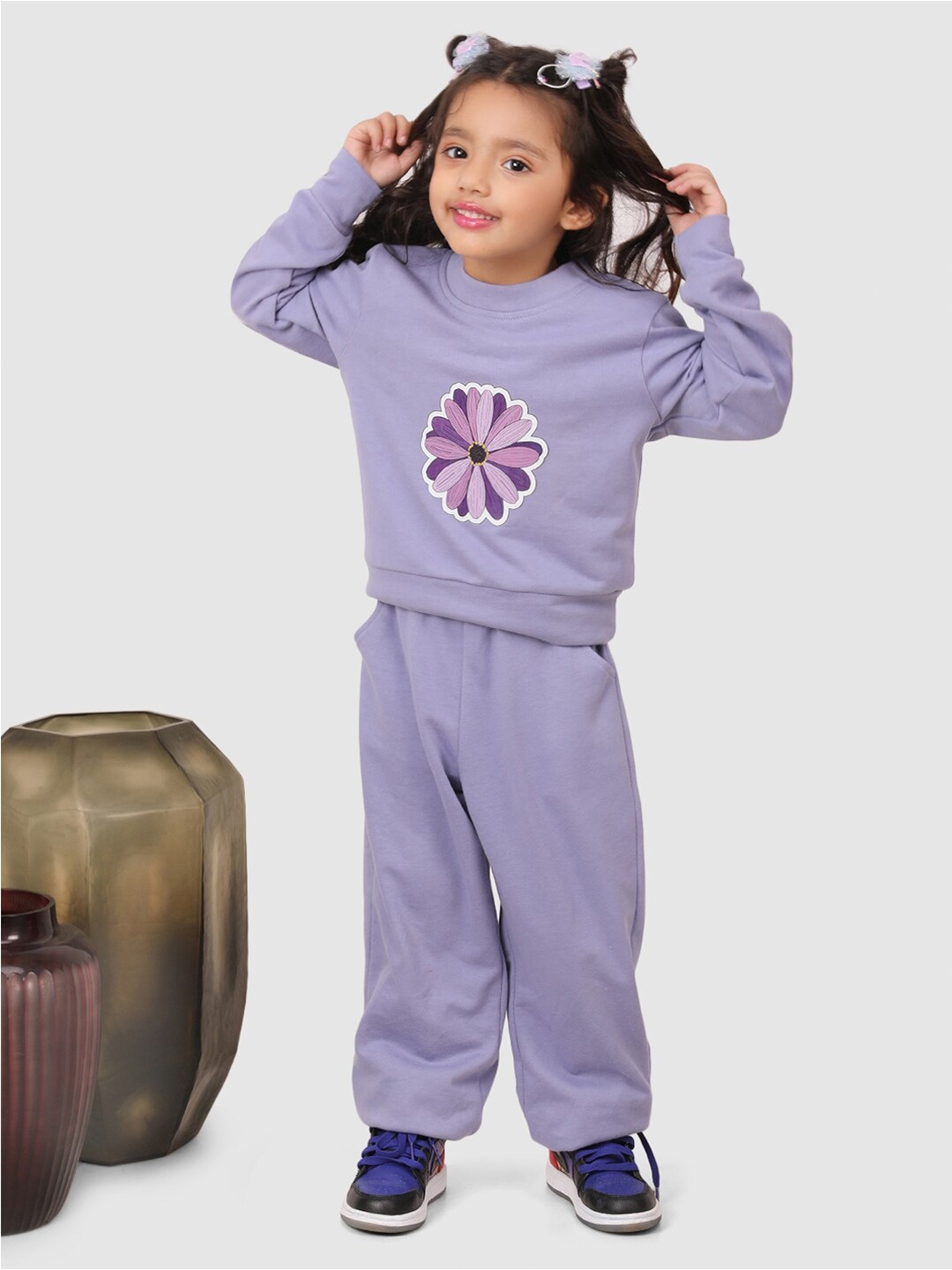 Jelly Jones Girls Printed Cotton Sweatshirt with Trousers, Lavender