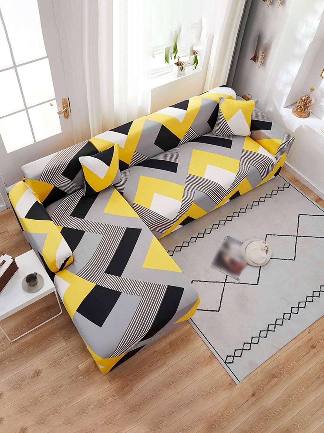 

YouBella Grey & Yellow Geometric Printed 4-Seater Sofa Cover