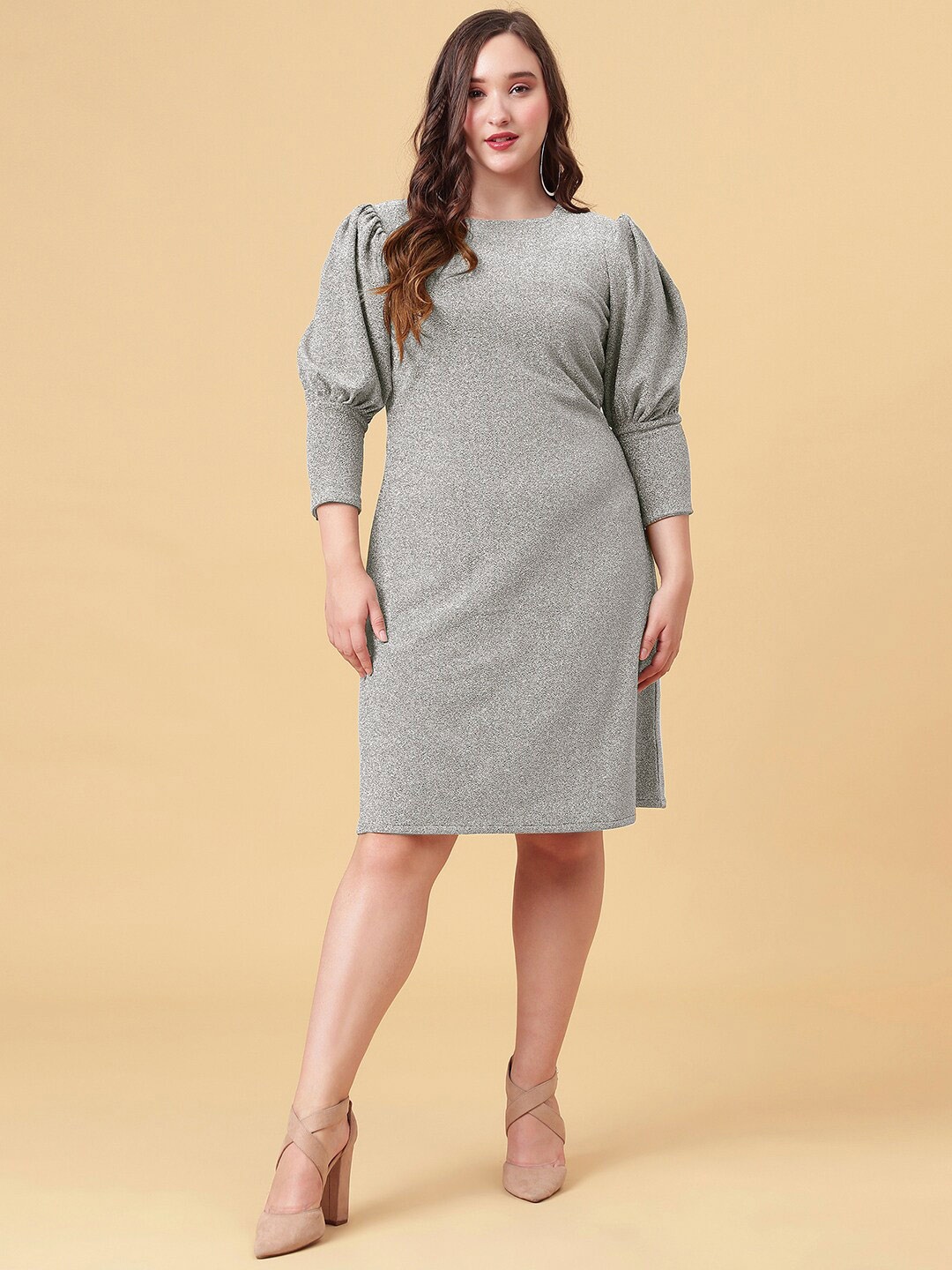 

Curvy Lane Plus Size Puff Sleeves Blingy Sheath Dress, Grey