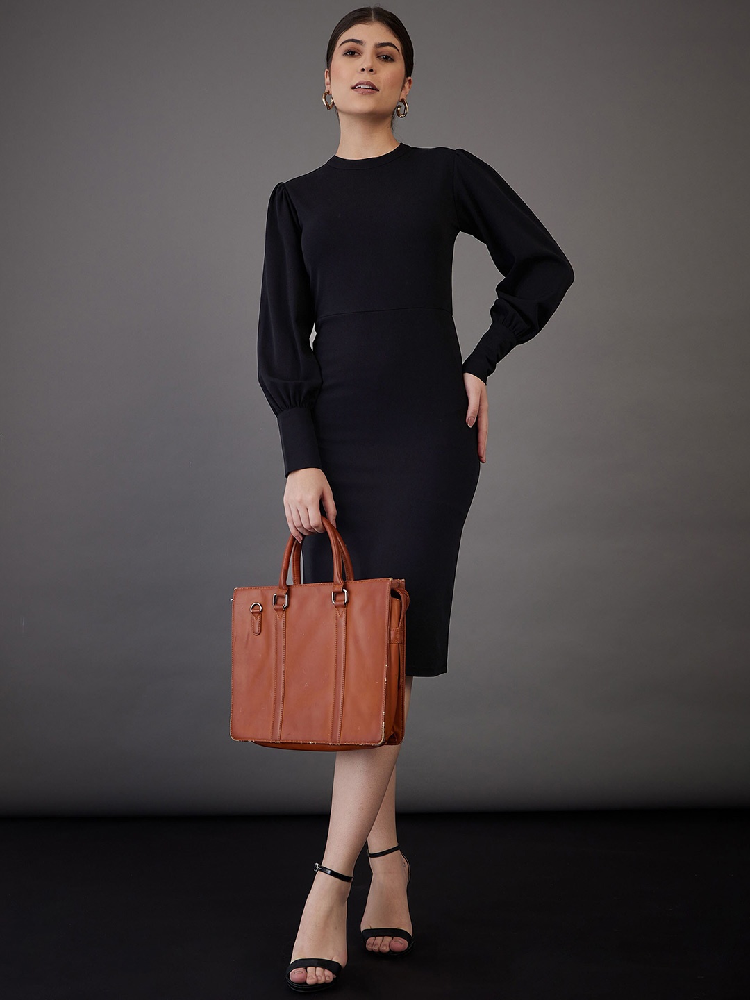 

SASSAFRAS worklyf High Neck Puff Sleeves Formal Sheath Dress, Black