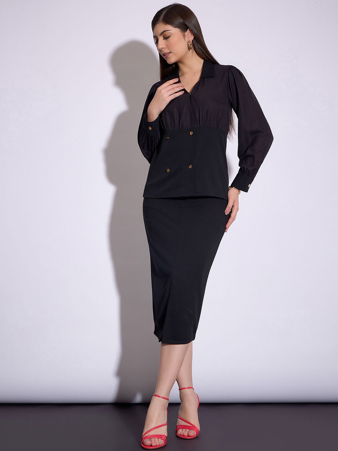 

SASSAFRAS worklyf Puff Sleeves Shirt Collar Top With Midi Skirt, Black