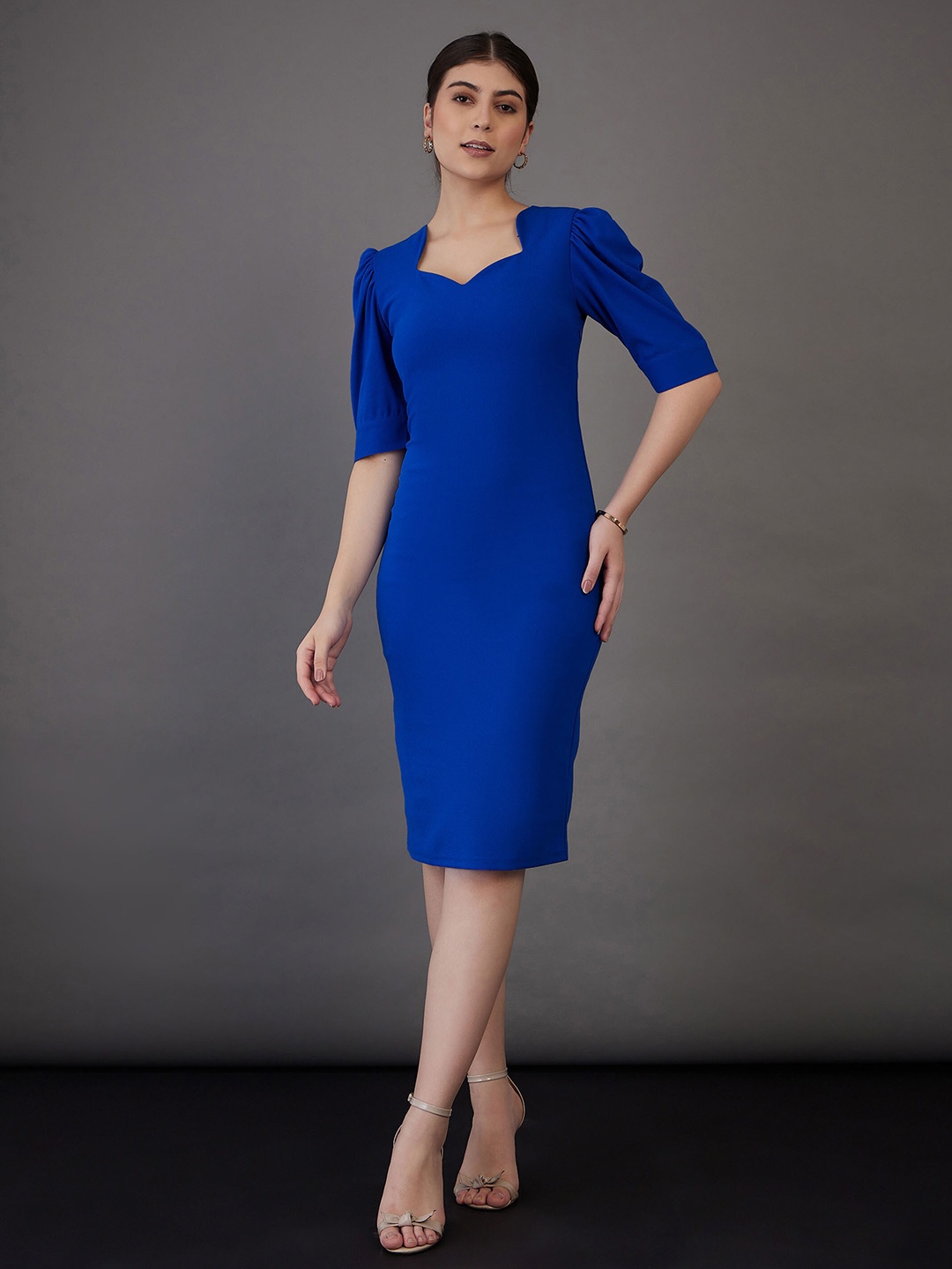 

SASSAFRAS worklyf Sweetheart Neck Puff Sleeves Formal Bodycon Dress, Blue