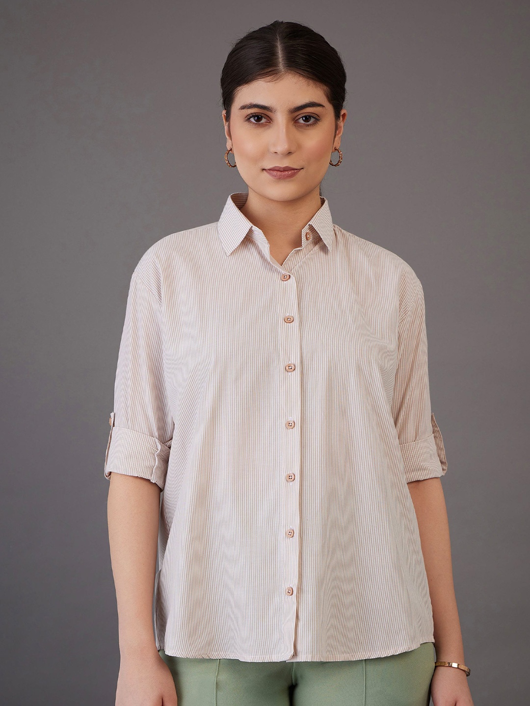

SASSAFRAS worklyf Pinstriped Roll-Up Sleeves Casual Shirt, Brown