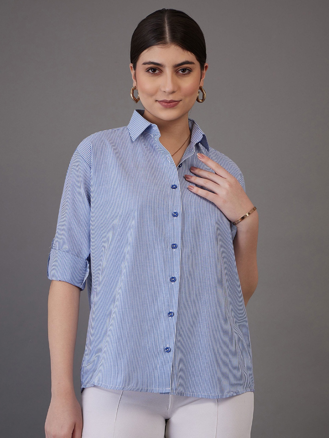 

SASSAFRAS worklyf Pinstriped Roll-Up Sleeves Casual Shirt, Navy blue