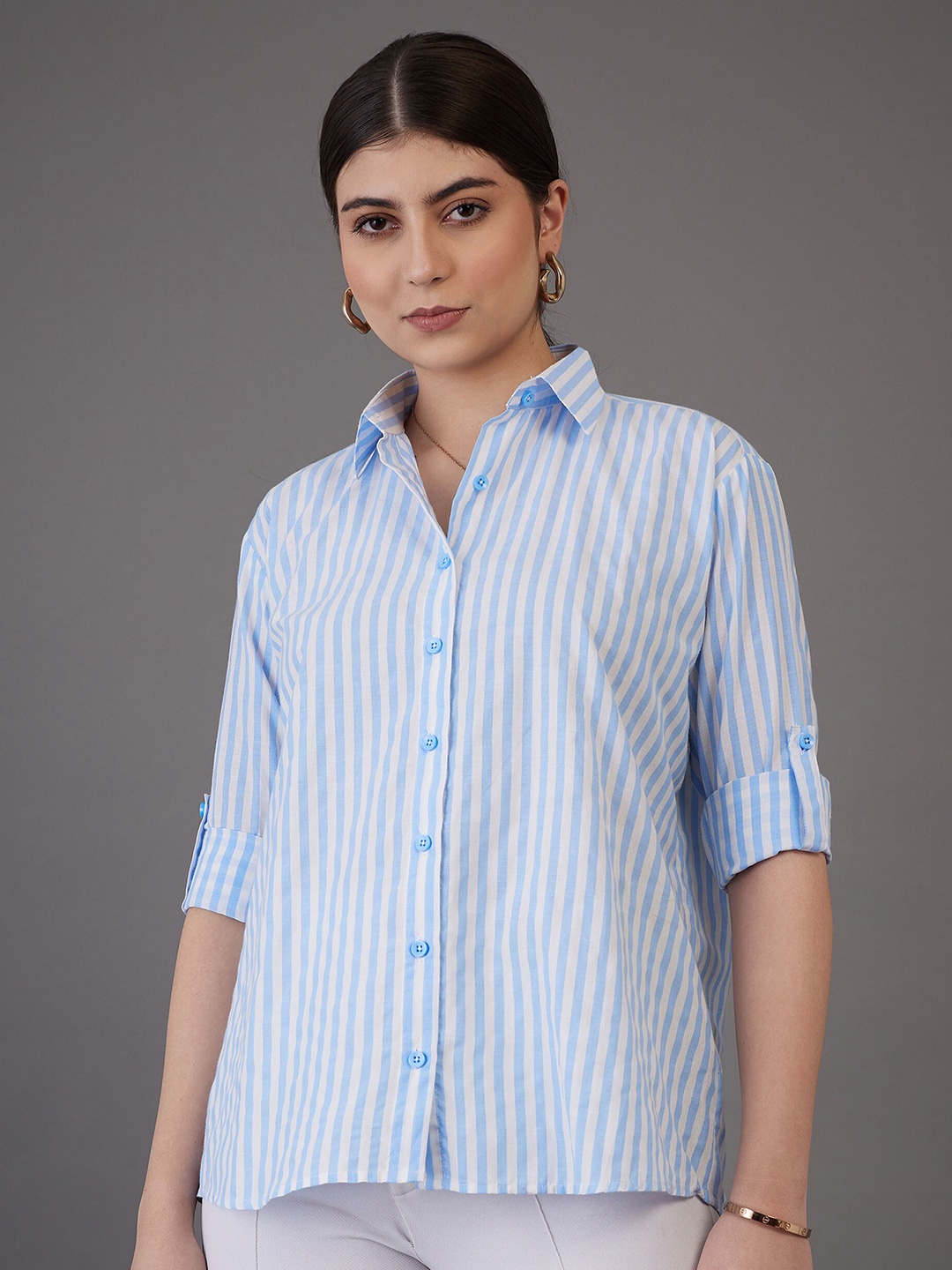 

SASSAFRAS worklyf Vertical Striped Roll-Up Sleeves Casual Shirt, Blue