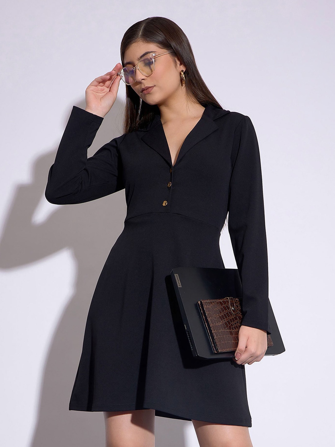 

SASSAFRAS worklyf Lapel Collar Long Sleeves A-Line Dress, Black