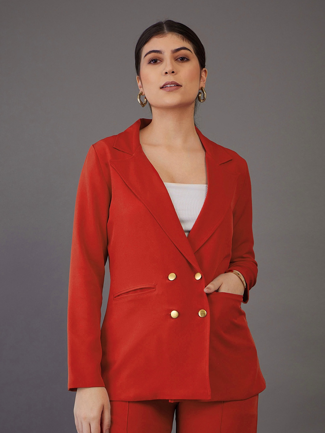 

SASSAFRAS worklyf Orange Notched Lapel Collar Double Breasted Formal Blazer