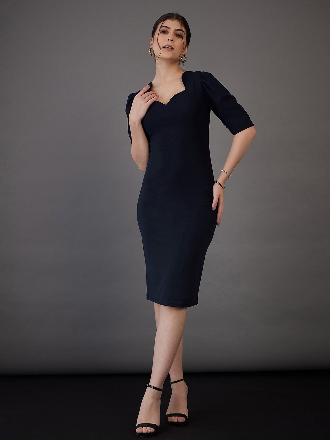 

SASSAFRAS worklyf Sweetheart Neck Puff Sleeves Formal Bodycon Dress, Navy blue