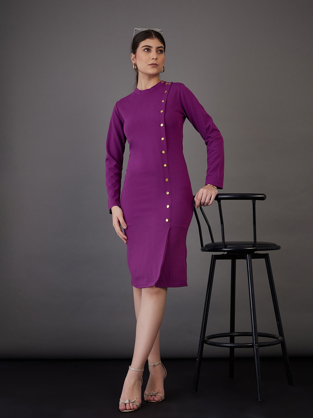 

SASSAFRAS worklyf Round Neck Long Sleeves Button Detail Sheath Dress, Purple
