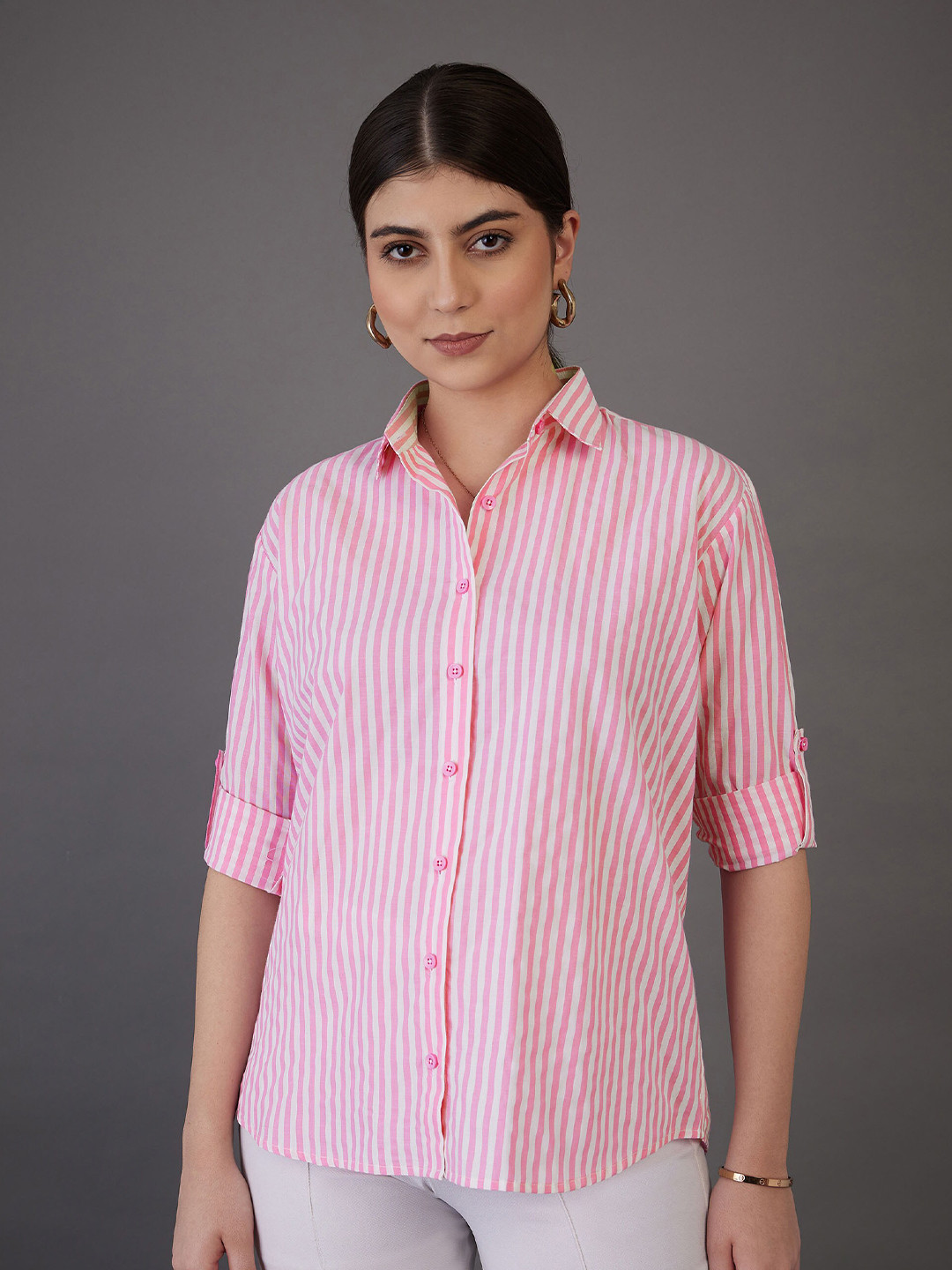 

SASSAFRAS worklyf Vertical Striped Roll-Up Sleeves Casual Shirt, Pink