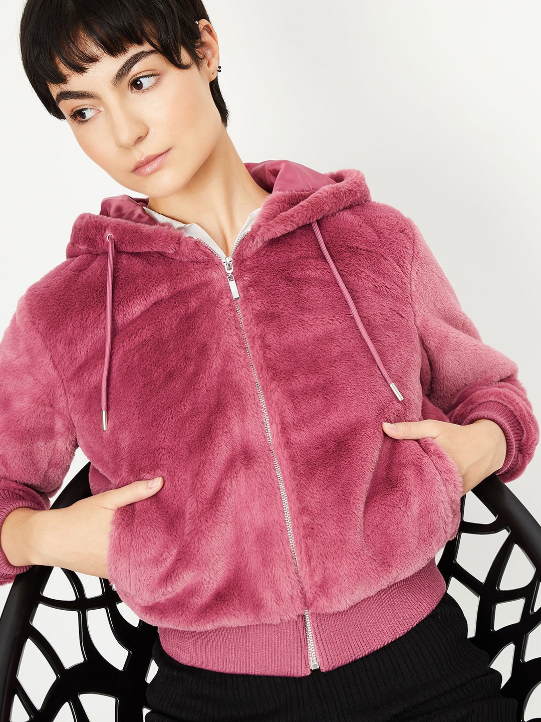 

max Hooded Crop Open Front Jacket, Pink