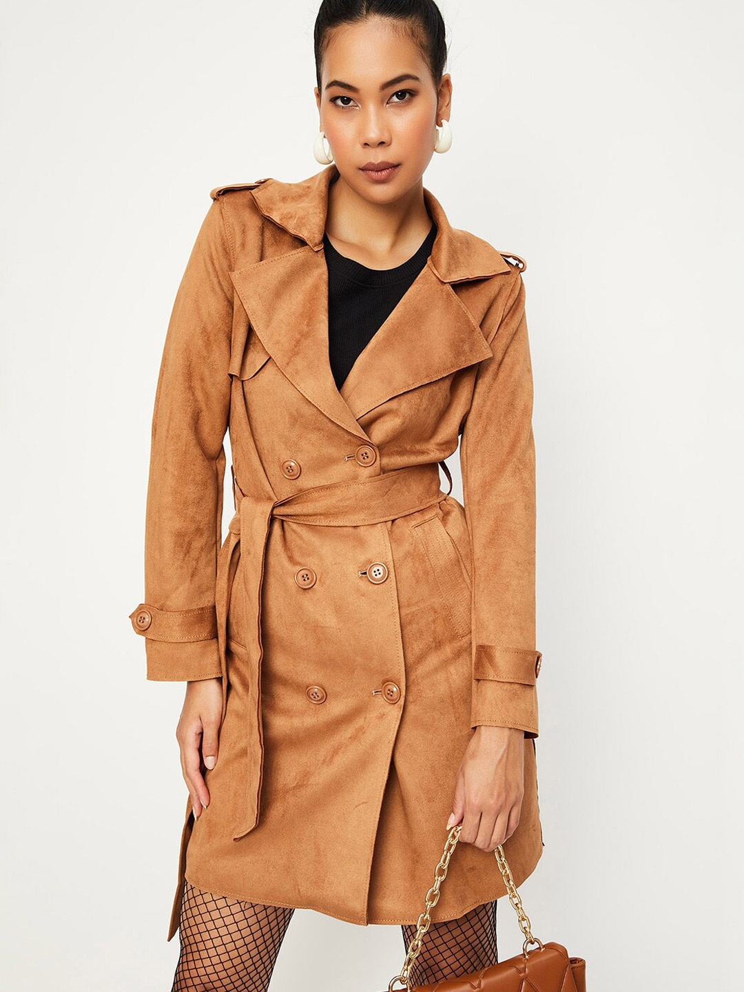 

max Notched Lapel Longline Trench Coat, Brown