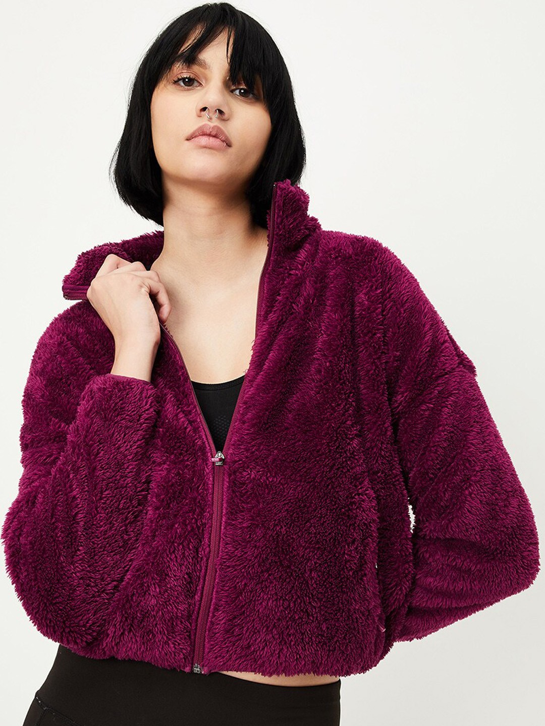 max Mock Collar Long Sleeves Fur Tailored Jacket, Purple