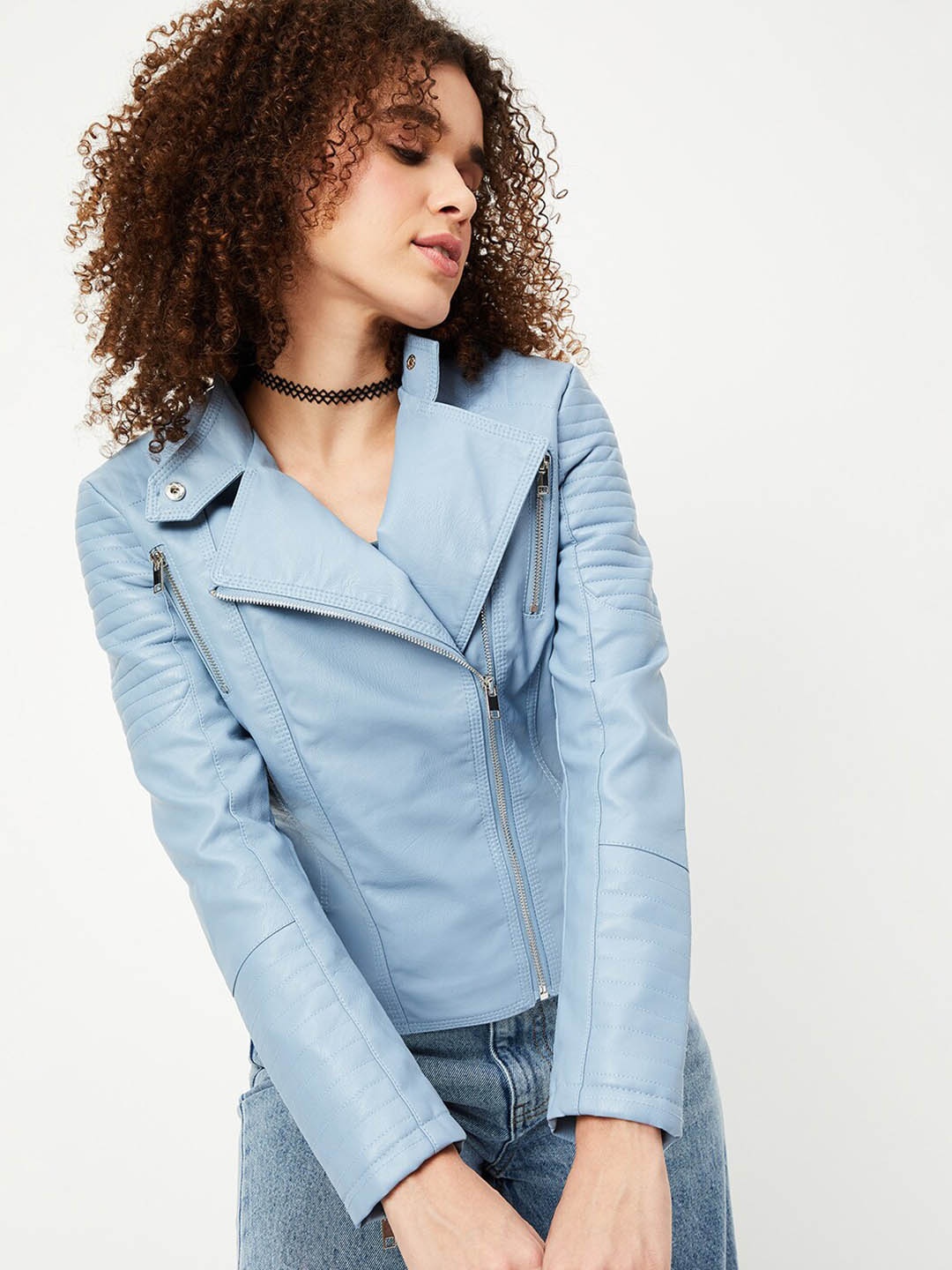 

max Spread Collar Zip Detailed Crop Biker Jacket, Blue