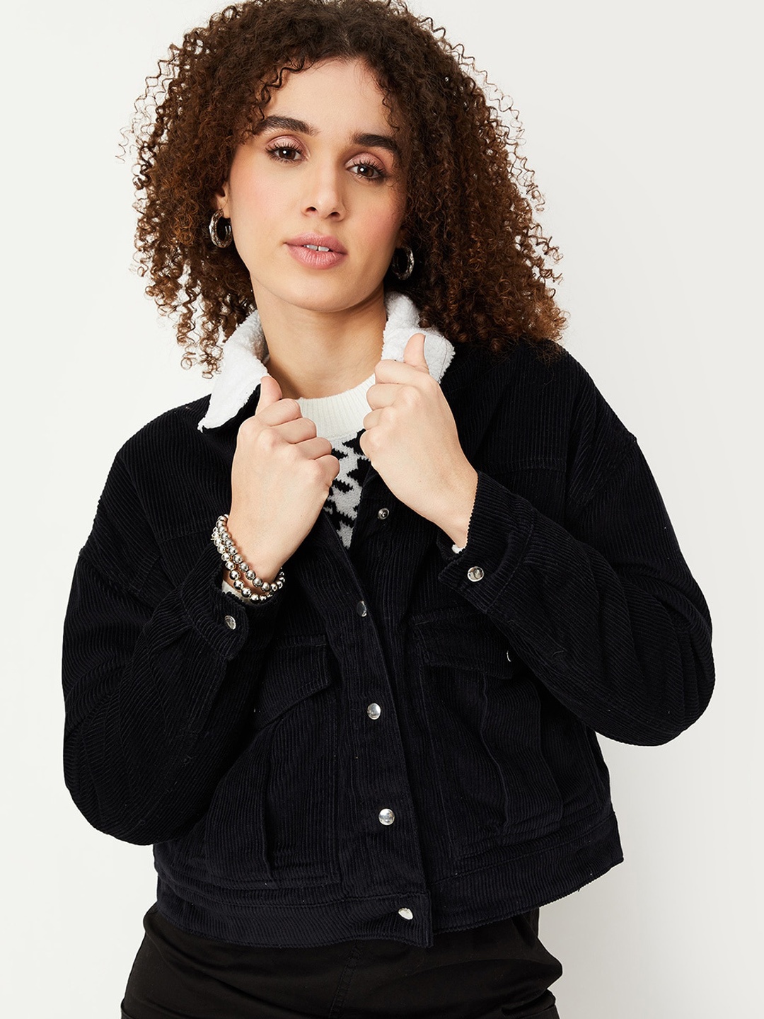 

max Spread Collar Long Sleeves Fur Corduroy Pure Cotton Crop Tailored Jacket, Black