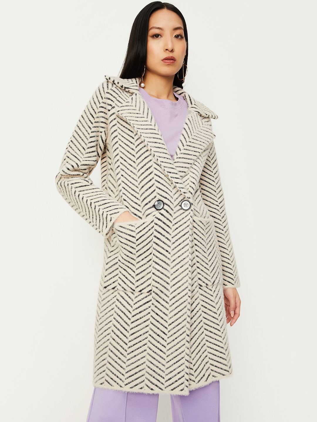 

max Self Design Notched Lapel Longline Overcoat, Beige
