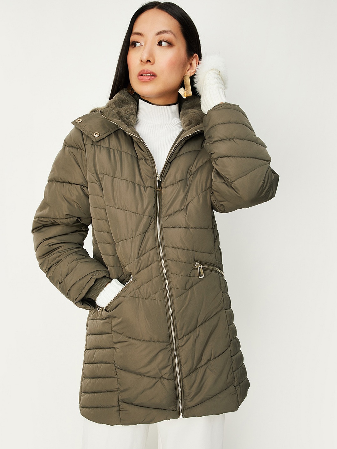 

max Hooded Faux Fur Trim Longline Puffer Jacket, Green