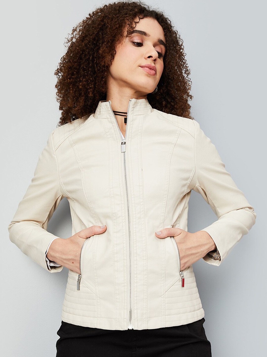 

max Mock Collar Long Sleeves Biker Jacket, Beige