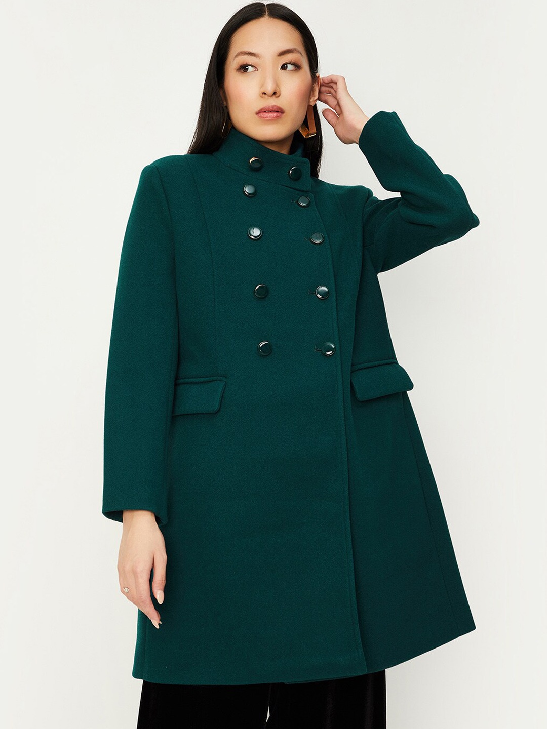 

max Mock Collar Longline Overcoat, Green