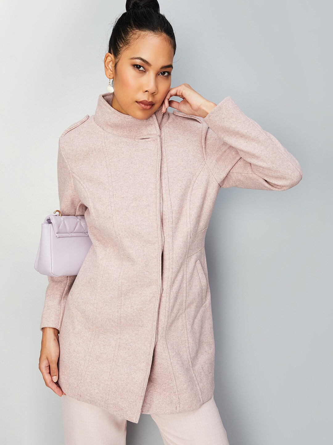 

max Mock Collar Hip Length Overcoat, Pink
