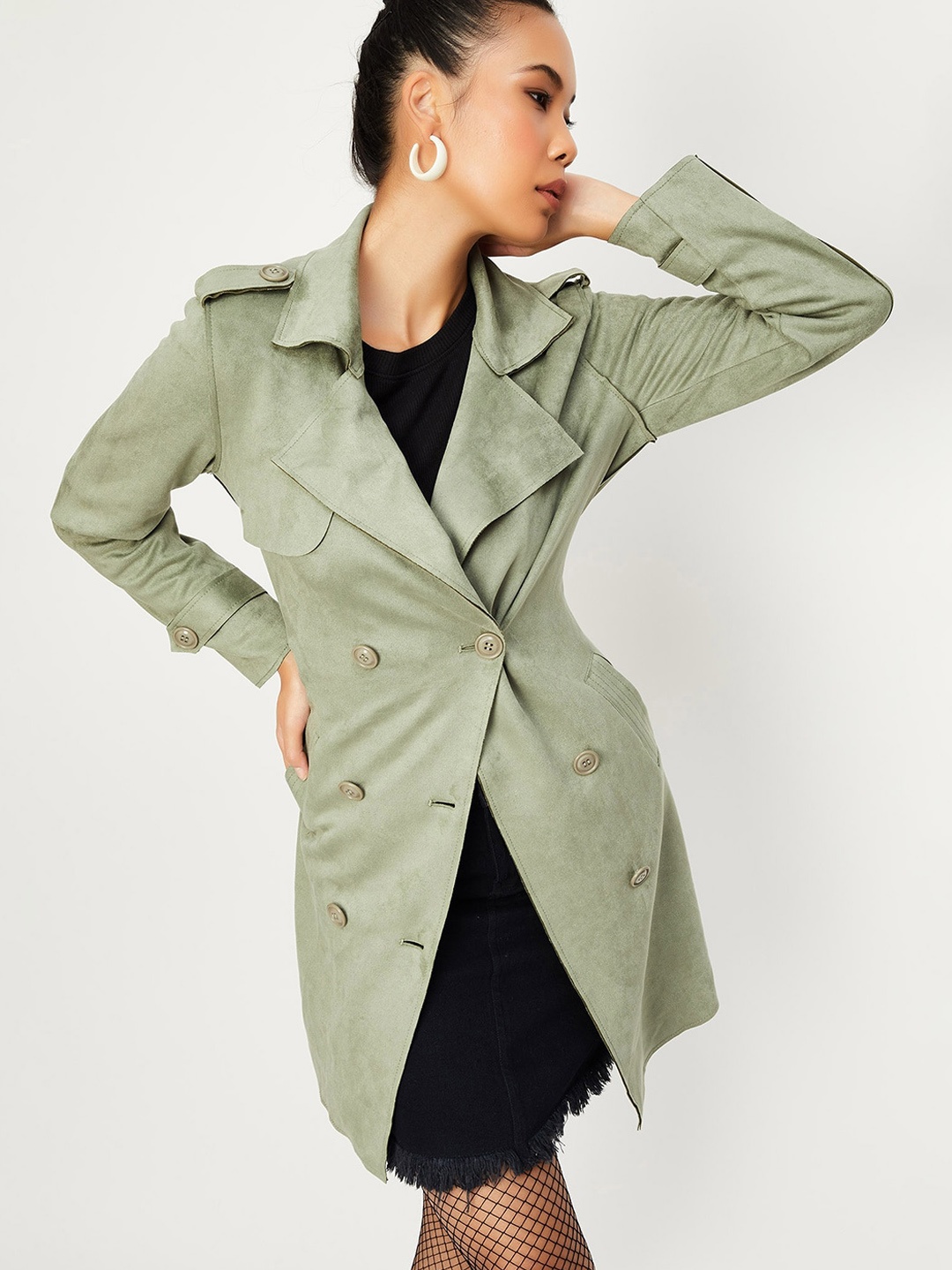 

max Long Sleeves Notched Lapel Collar Longline Over Coat, Green