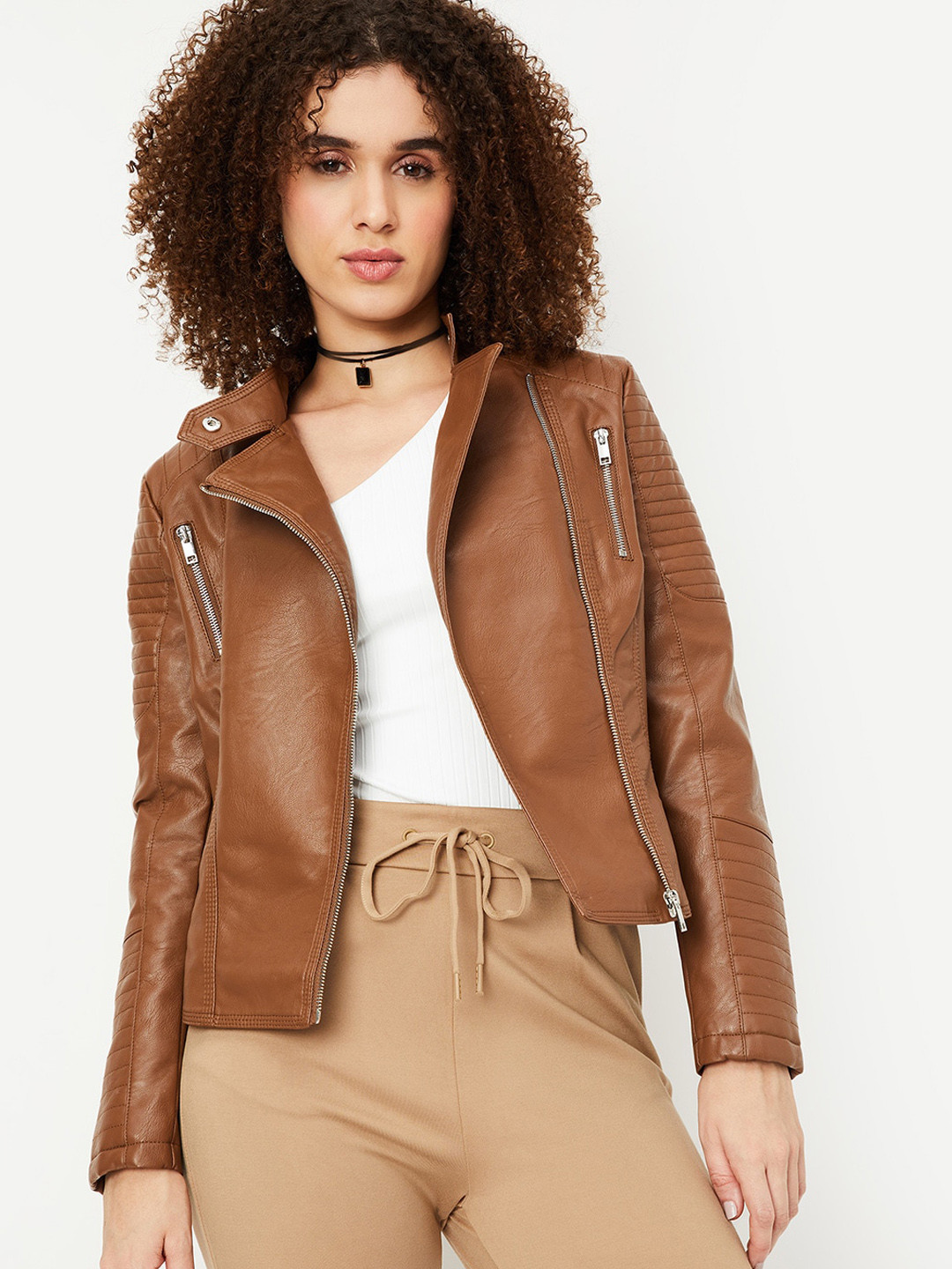 

max Mock Collar Long Sleeves Biker Jacket, Brown