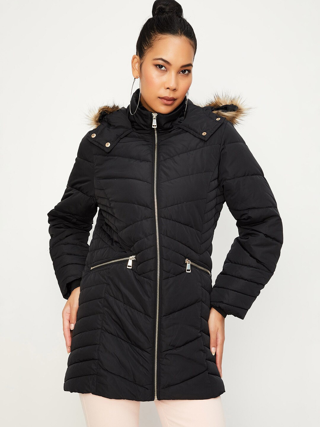 

max Hooded Faux Fur Trim Longline Padded Jacket, Black