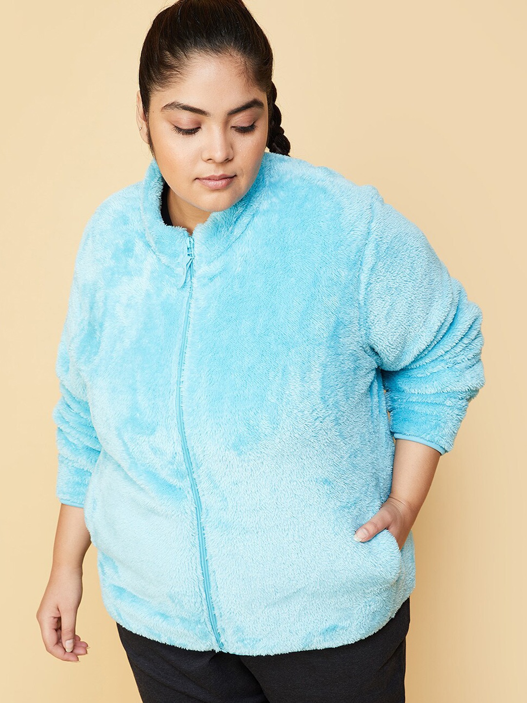 

max Plus Size Mock Collar Mock Collar Fur Tailored Jacket, Blue