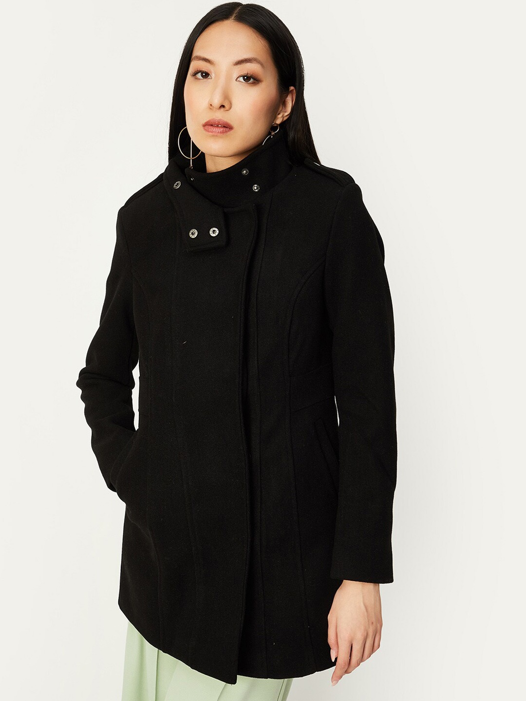 

max Long Sleeves Mock Collar Longline Over Coat, Black