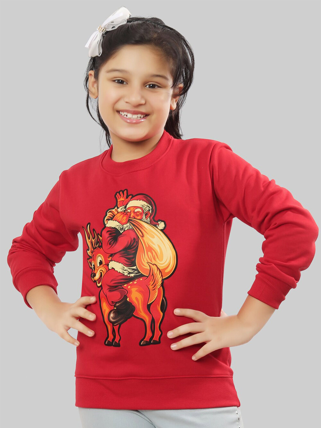 

Ninos Dreams Girls Christmas Santa on Reindeer Printed Fleece Sweatshirt, Red
