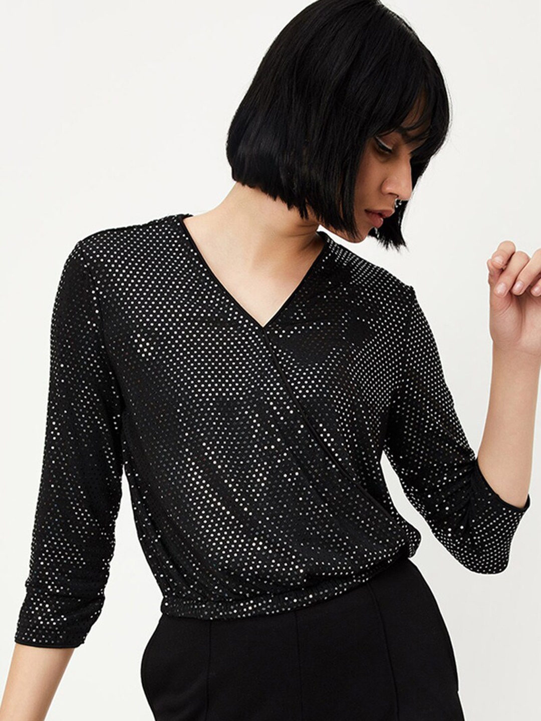 

max Sequinned Embellished Wrap Top, Black