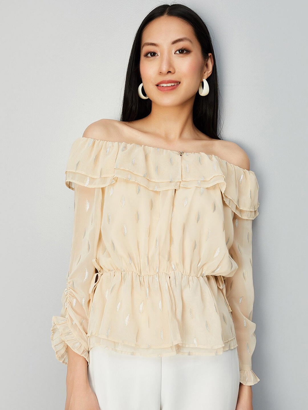 

max Conversational Printed Off Shoulder Bell Sleeves Ruffles Bardot Top, Beige