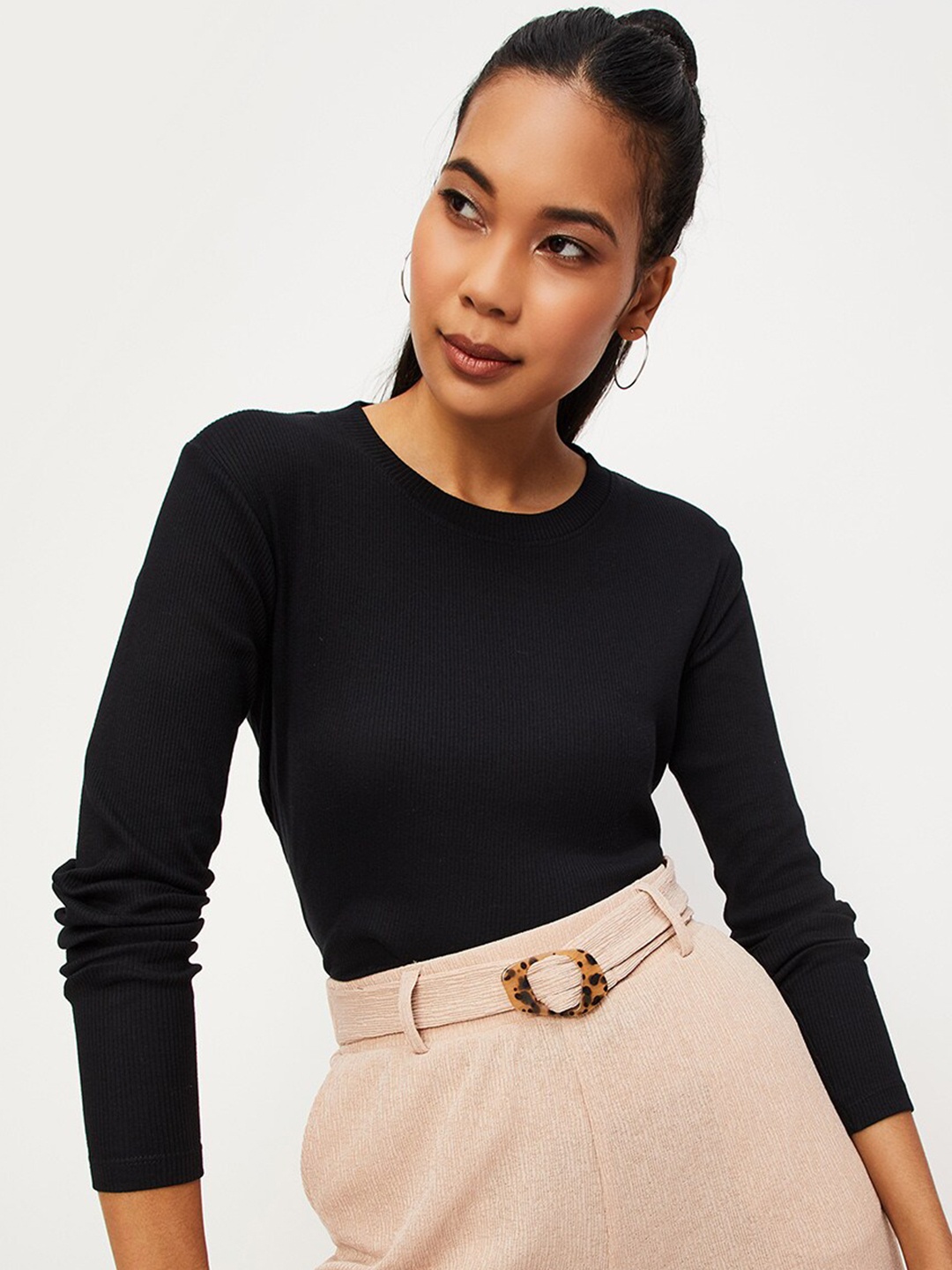 

max Round Neck Long Sleeves Top, Black