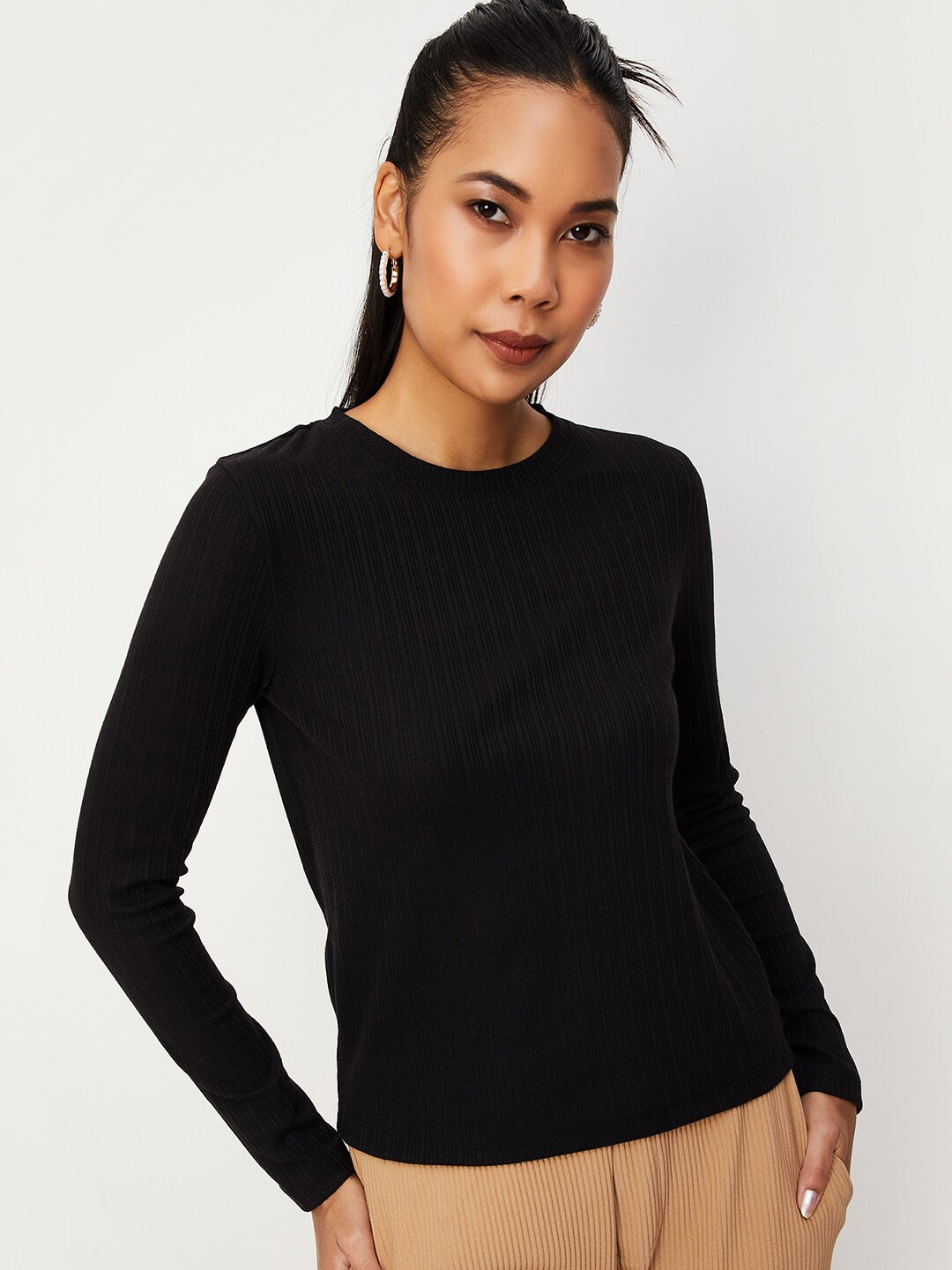 

max Round Neck Long Sleeves Top, Black