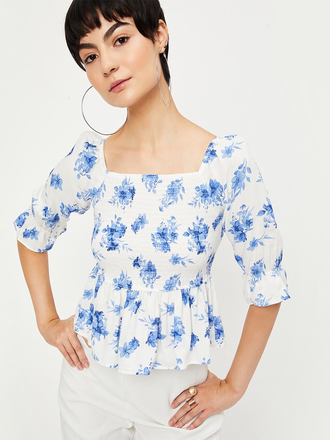 

max Floral Printed Smocked Peplum Top, White