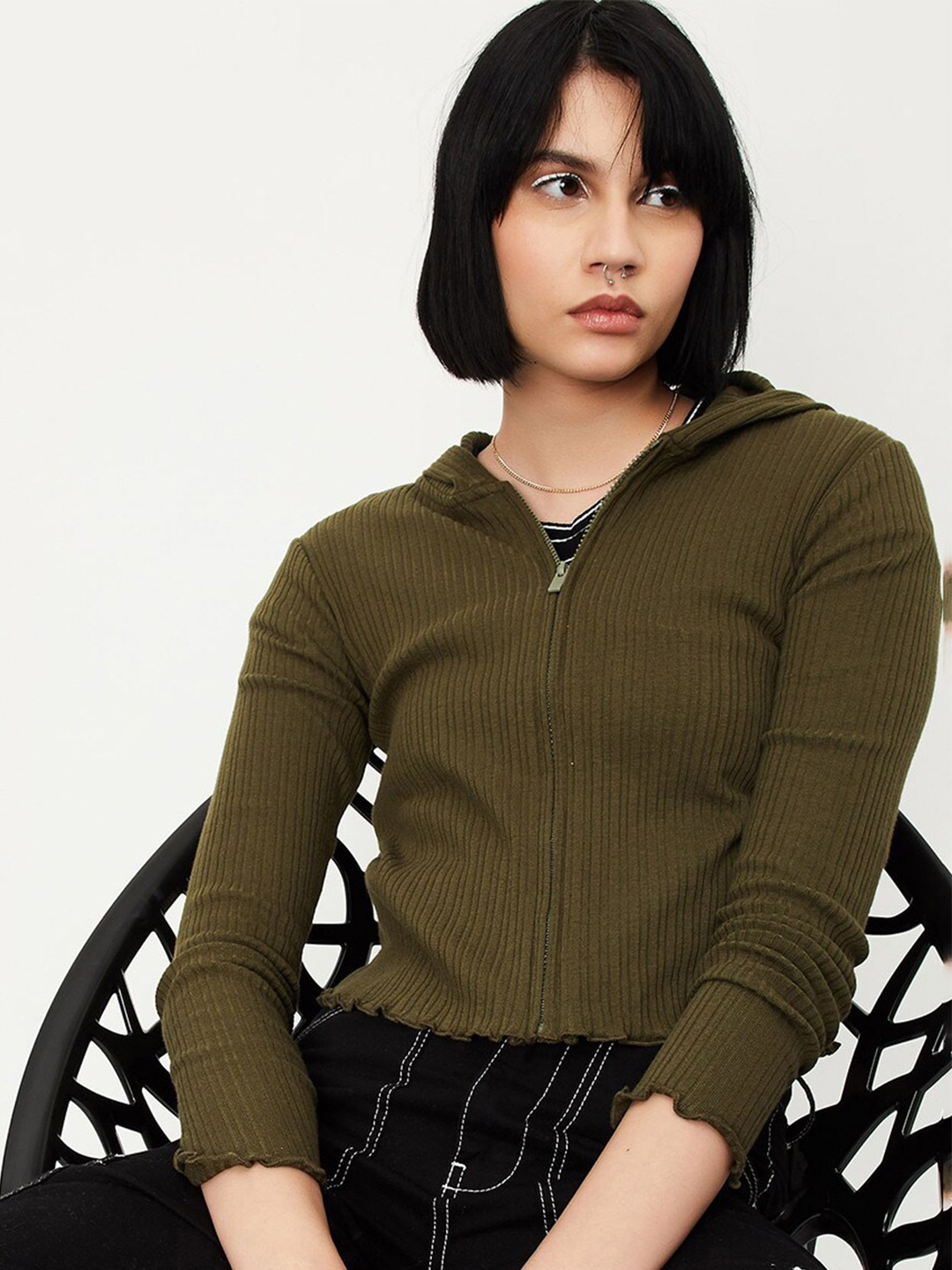

max Green Striped Hooded Cotton Top