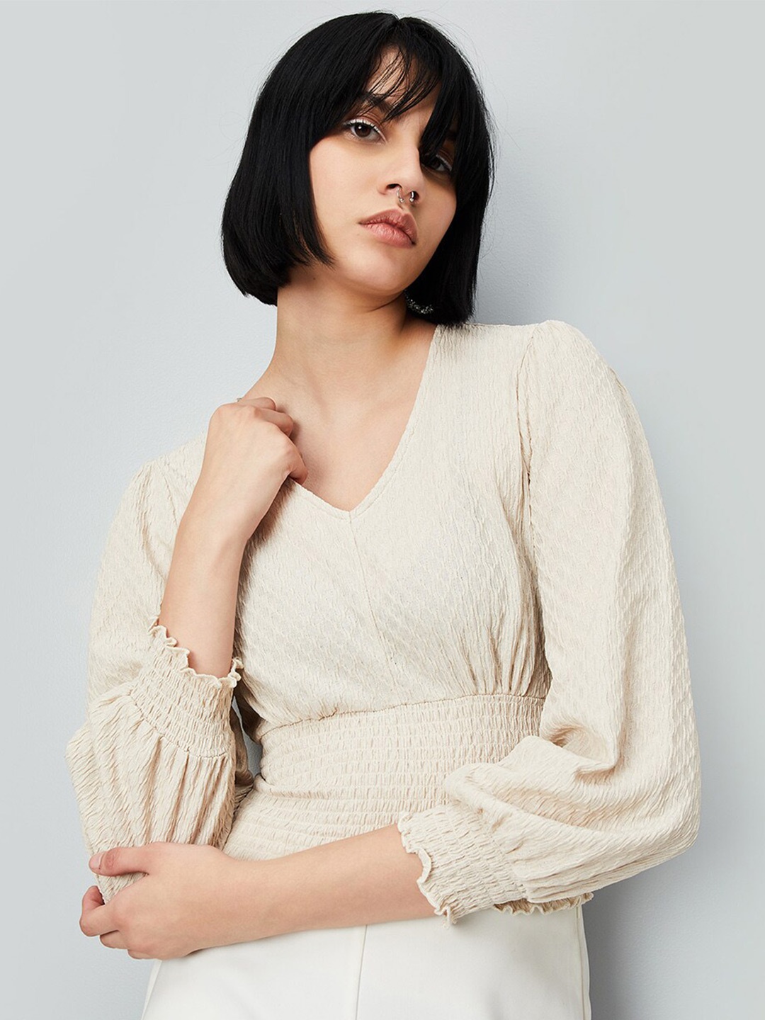 

max Self Design V-Neck Smocked Regular Top, Beige
