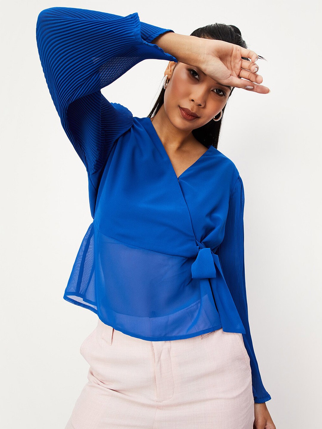 

max Self Design Flared Sleeves Tie-Ups Wrap Top, Blue